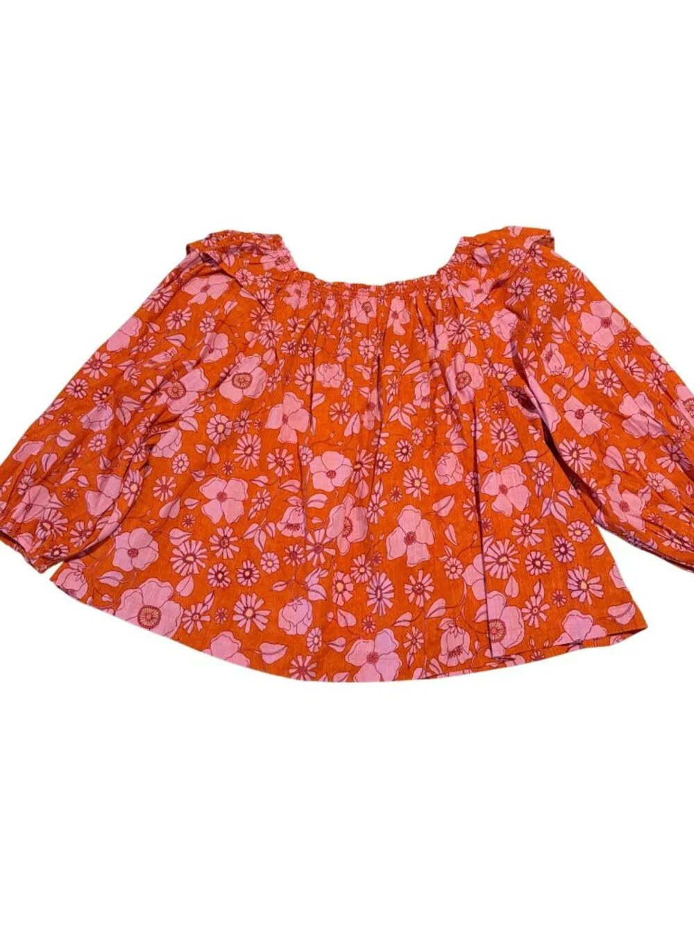 Free People Orange and Pink Floral Ruffle Off the Shoulder Flowy Cotton Top Size